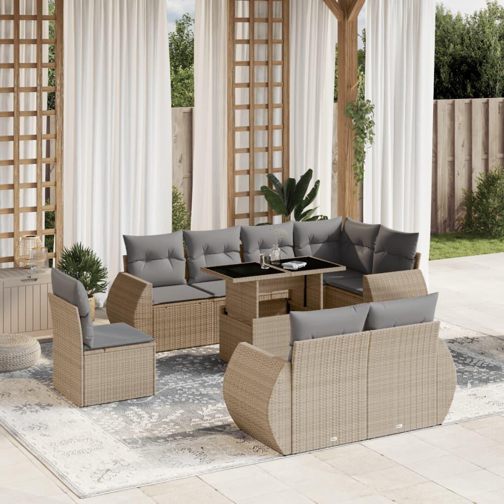 Sofasæt til haven i polyrattan - 9 dele med hynder, beige