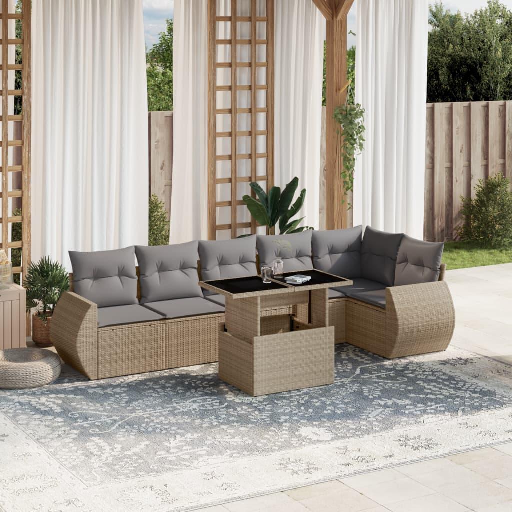 Sofasæt til haven i polyrattan - 7 dele med hynder, beige