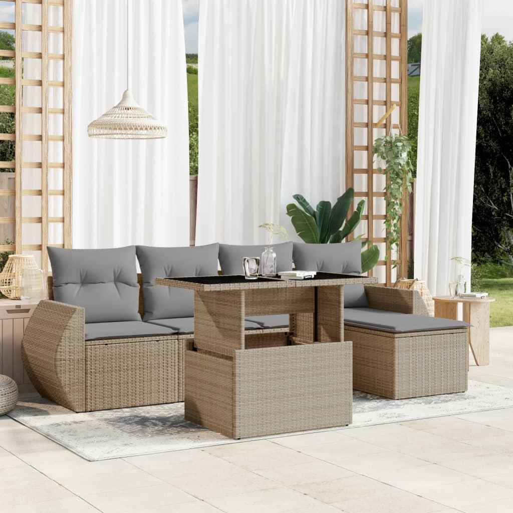 Sofasæt til haven i polyrattan - 6 dele med hynder, beige