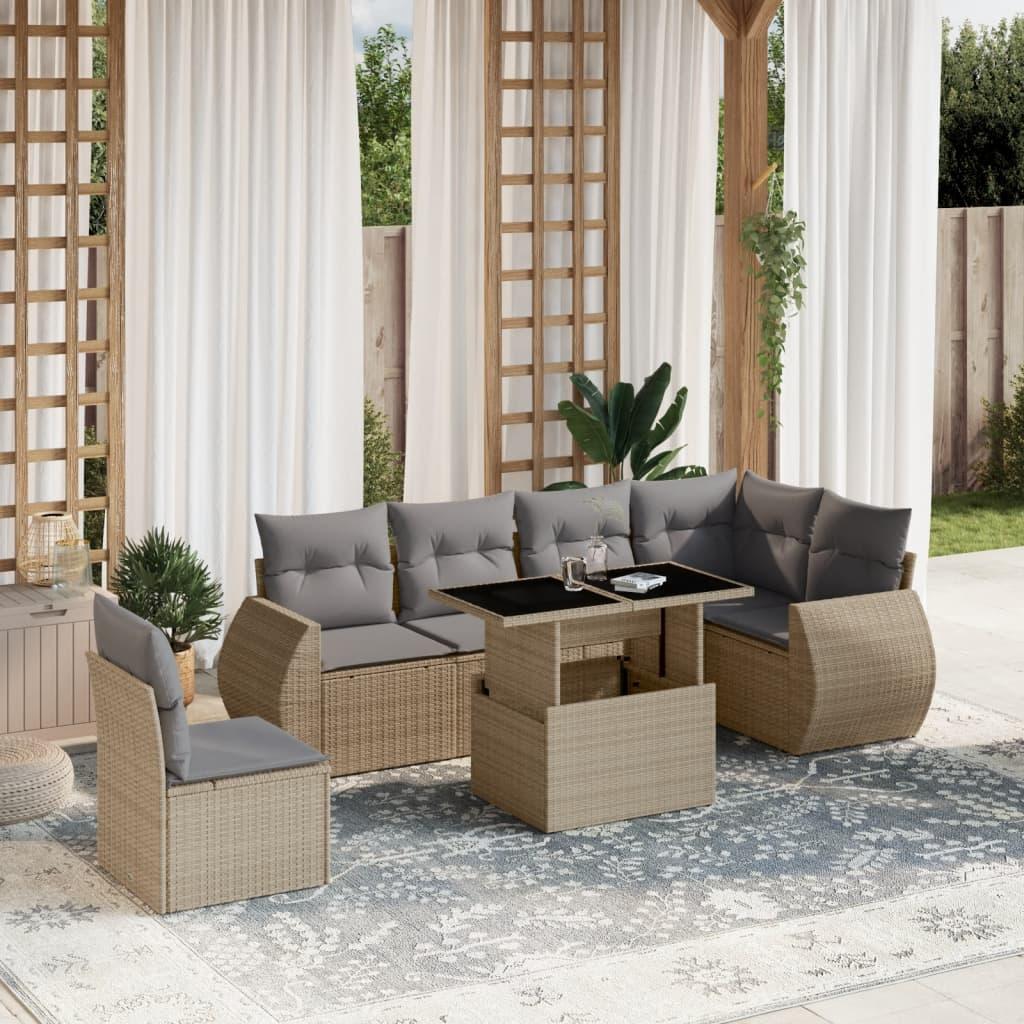 Sofasæt til haven i polyrattan - 7 dele med hynder, beige