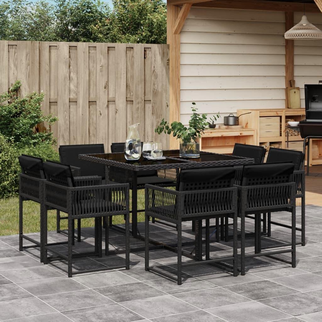 Spisebordssæt Til Haven 15 Dele Med Hynder Polyrattan Sort - 8 / Sort / Glas