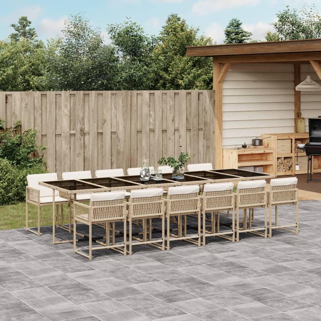 Spisebordssæt Til Haven 13 Dele Med Hynder Polyrattan - 12 / beige og cremefarvet / Glas