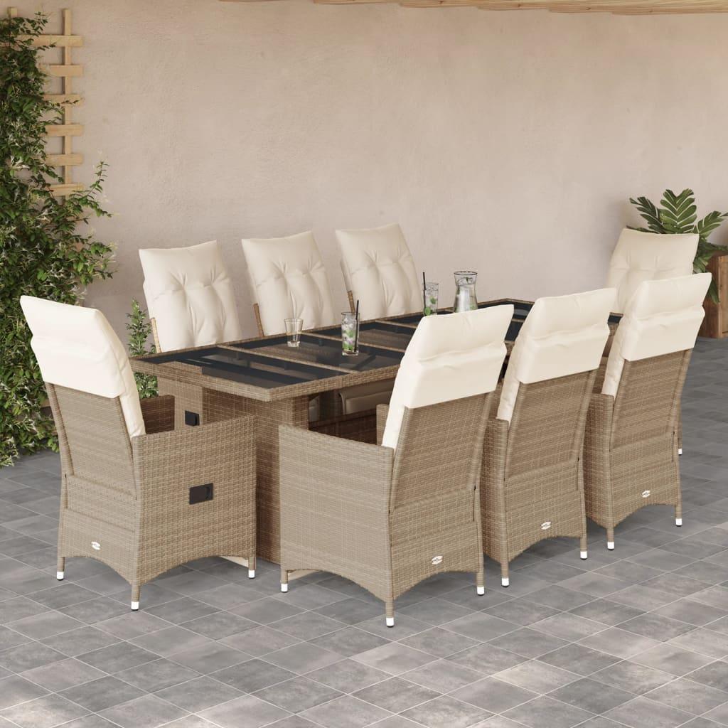Bistrosæt Til Haven 9 Dele Med Hynder Polyrattan - 8 / Beige / Glas