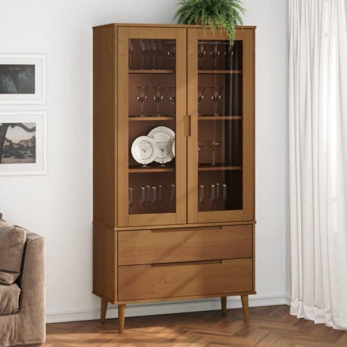 Vitrineskab MOLDE 90x35x175 cm i massivt fyrretræ - brun