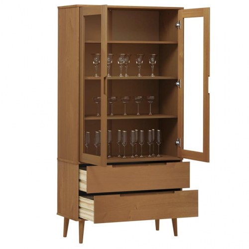 Vitrineskab MOLDE 90x35x175 cm i massivt fyrretræ - brun