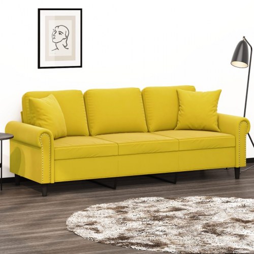 3-personers sofa i velour med pyntepuder - gul, 180 cm sædebredde