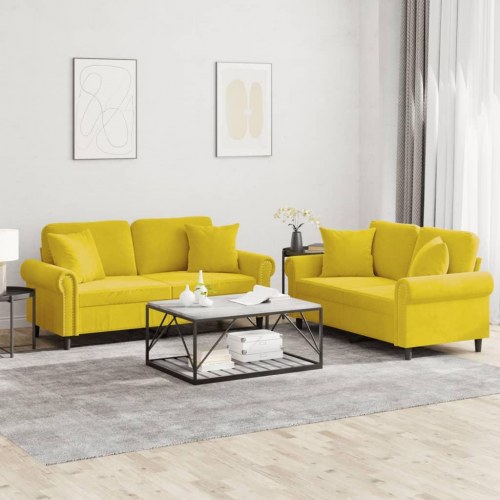Sofasæt i velour - 2-pers. + 2-pers. med puder, gul