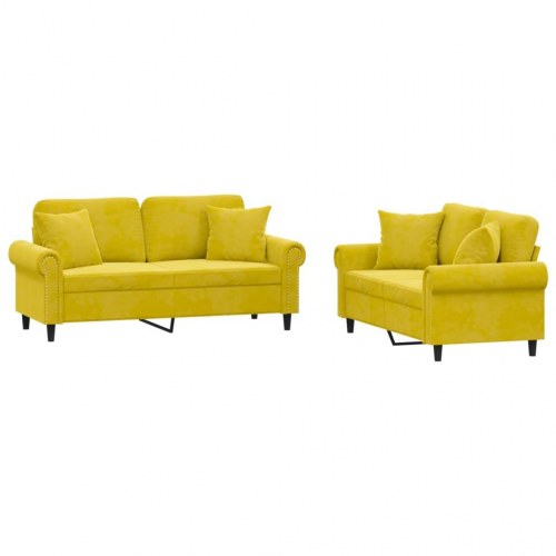 Sofasæt i velour - 2-pers. + 2-pers. med puder, gul
