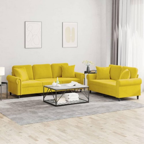 Sofasæt i velour - 2- og 3-personers med puder, gul