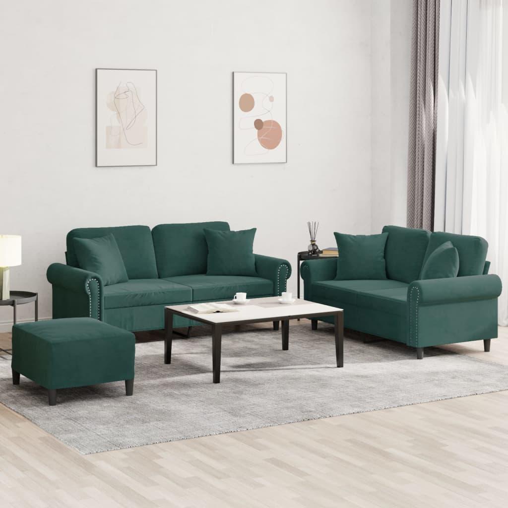 3 personers sofa med puder velour mørkegrøn
