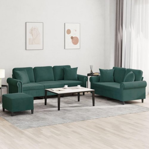 Sofasæt i velour - 3 dele med puder, mørkegrøn