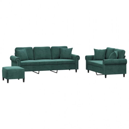 Sofasæt i velour - 3 dele med puder, mørkegrøn