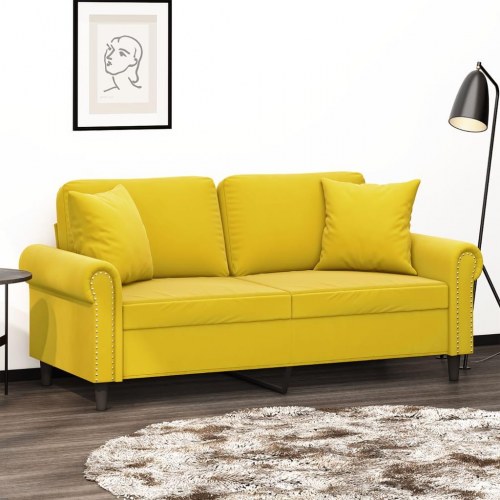2-personers sofa i velour med pyntepuder - gul, sædebredde 140 cm