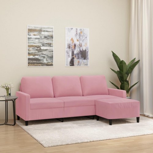 3-personers sofa med fodskammel - 180 cm velour, lyserød