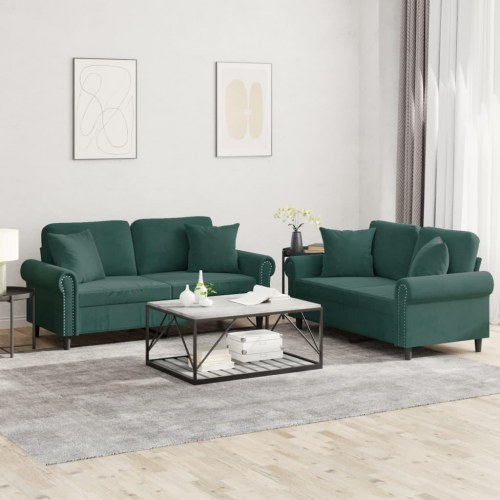 Sofasæt i velour med puder - 2 dele, mørkegrøn