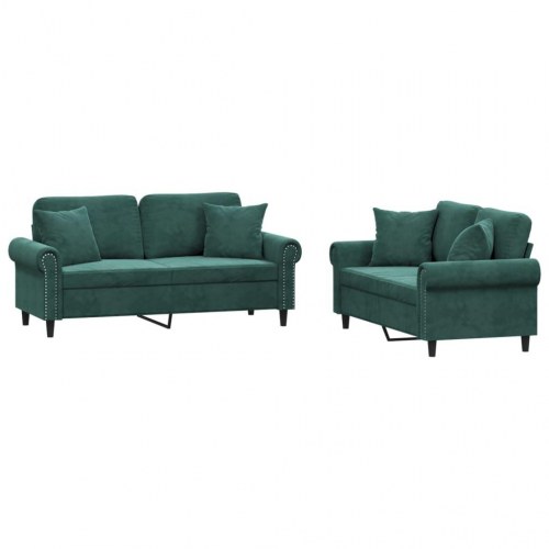 Sofasæt i velour med puder - 2 dele, mørkegrøn