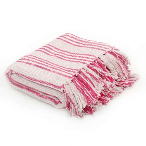 Plaid i bomuld 125×150 cm - stribet lyserød/hvid