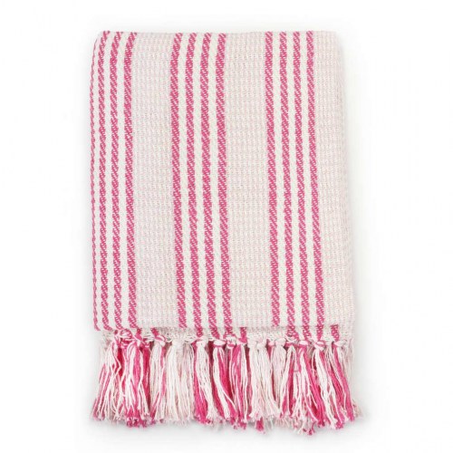 Plaid i bomuld 125×150 cm - stribet lyserød/hvid