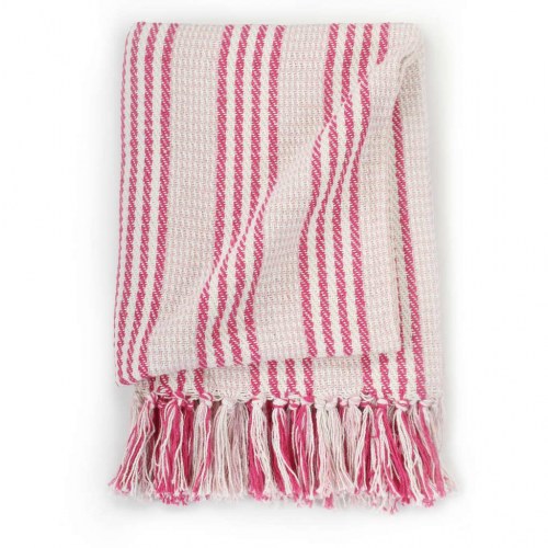 Plaid i bomuld 125×150 cm - stribet lyserød/hvid