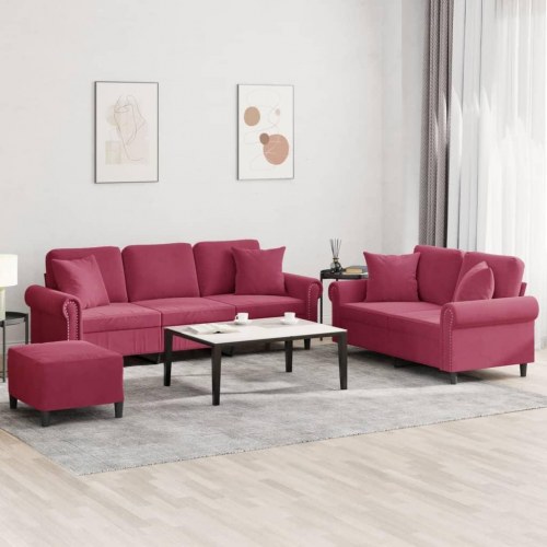 Sofasæt i velour - 3 dele med puder og fodskammel, vinrød
