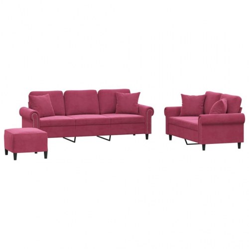 Sofasæt i velour - 3 dele med puder og fodskammel, vinrød
