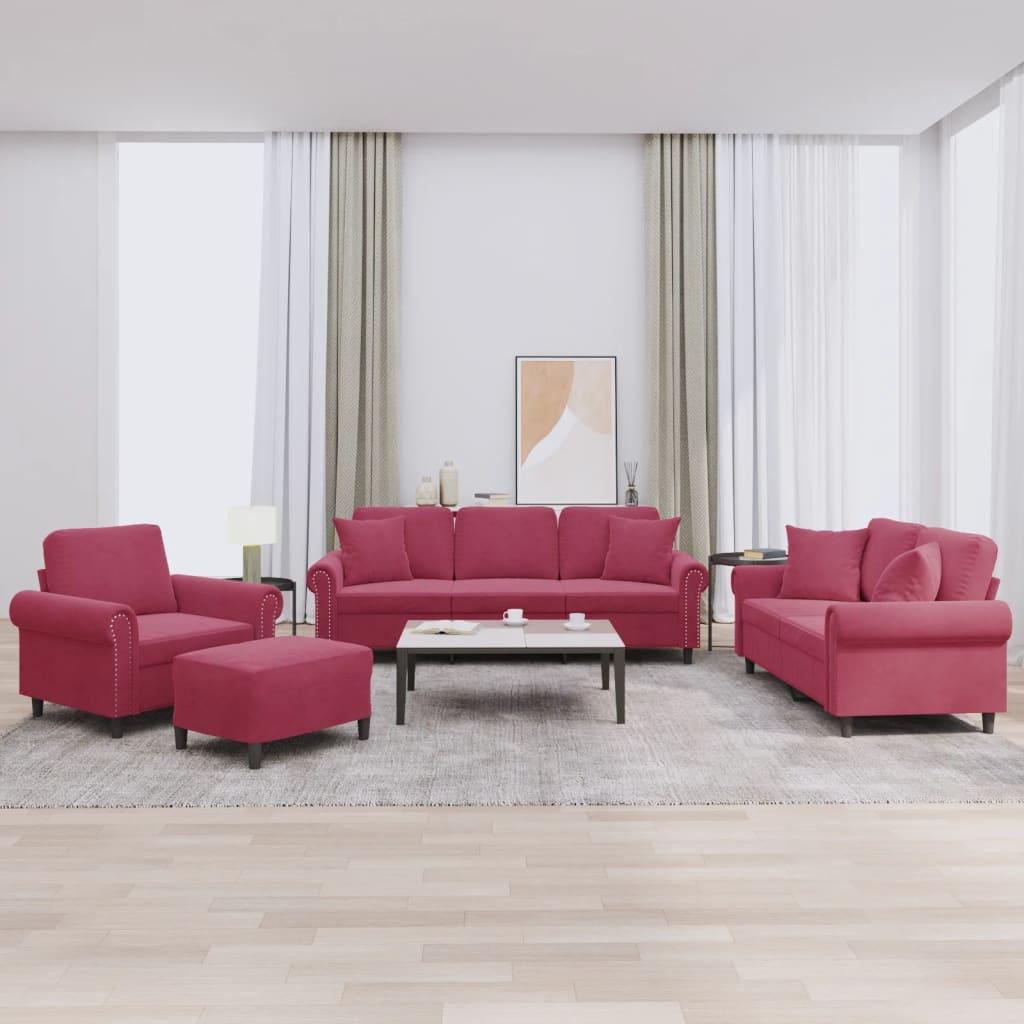 Sofasæt 4 dele med puder velour vinrød