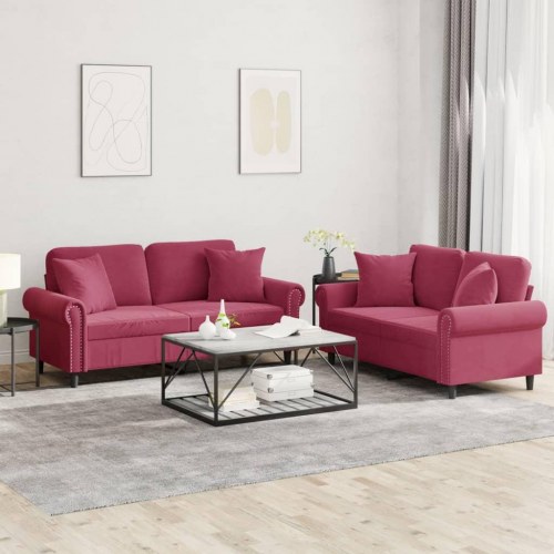 Sofasæt i velour med puder - 2-pers. + 2-pers., vinrød
