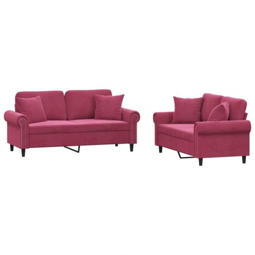 Sofasæt i velour med puder - 2-pers. + 2-pers., vinrød