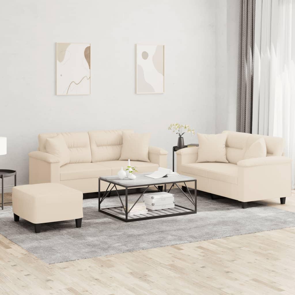 Sofasæt 2 Dele Mikrofiberstof - Beige / med puder og fodskamler