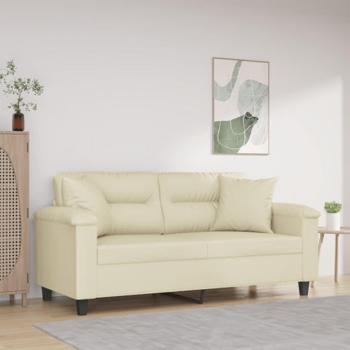 2-personers sofa i kunstlæder med pyntepuder - cremefarvet, sædebredde 140 cm