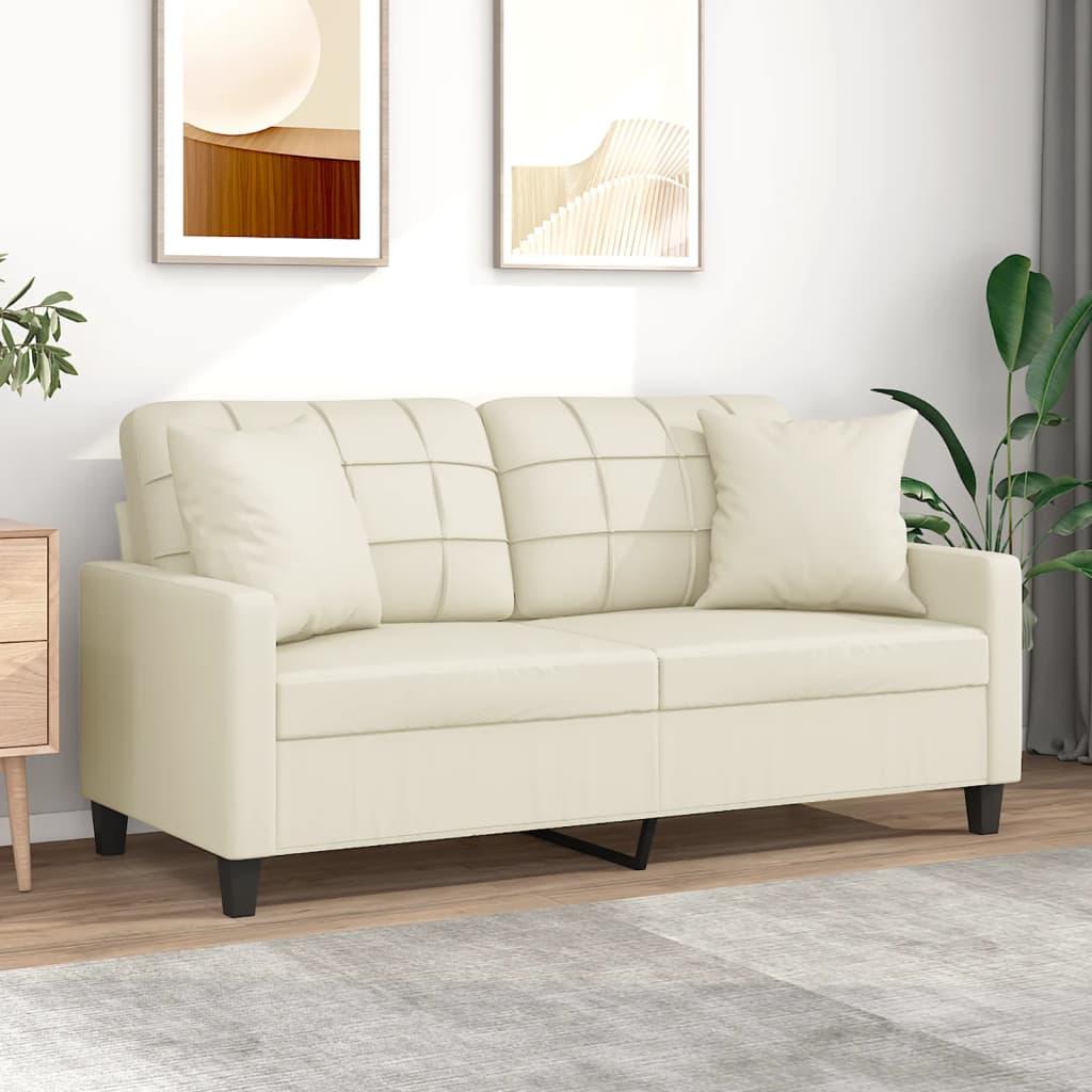 2-personers sofa med pyntepuder 140 cm kunstlæder cremefarvet