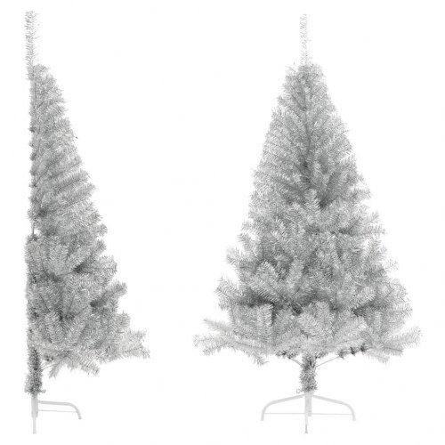 Kunstigt halvt juletræ med juletræsfod 180 cm PET sølvfarvet