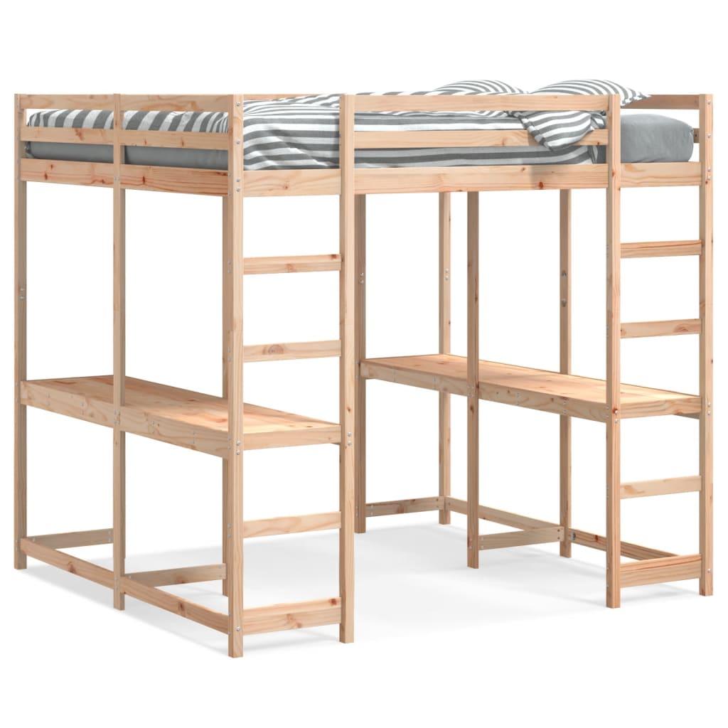 Højseng Med Skrivebord 200x200 Cm Massivt Fyrretræ