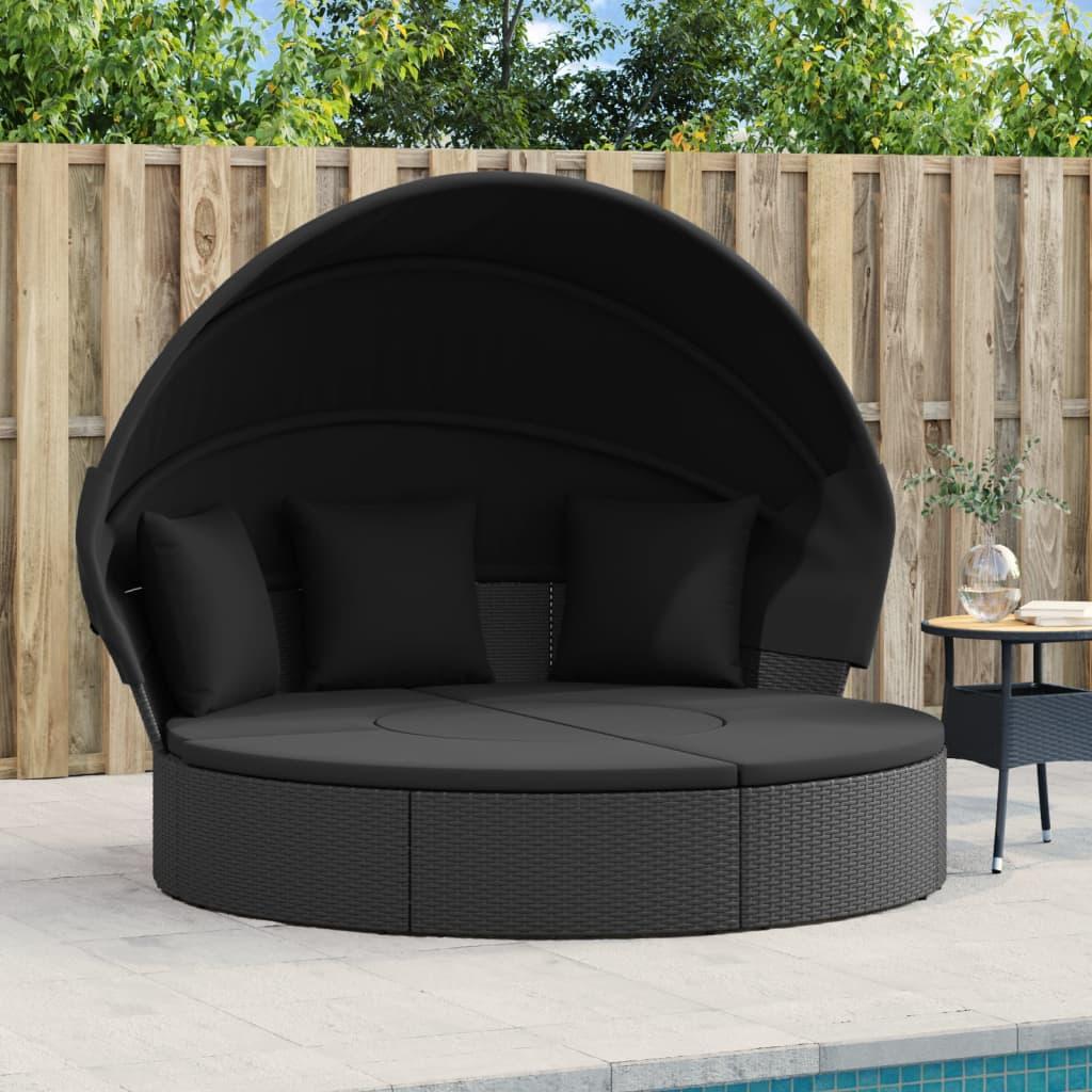 Udendørs loungeseng med tag og hynder polyrattan sort