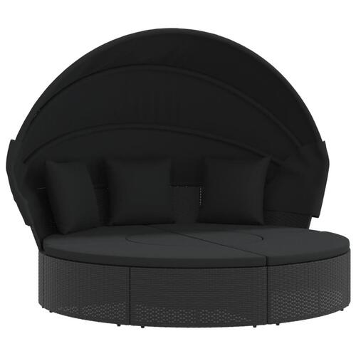 Udendørs loungeseng med tag og hynder polyrattan sort