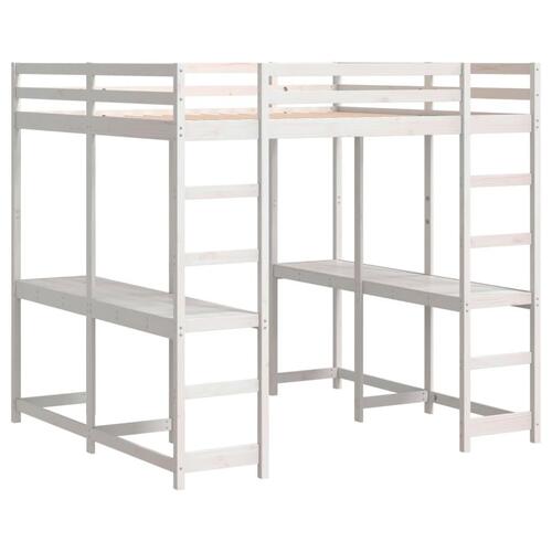 Højseng med skrivebord 140x200 cm massivt fyrretræ hvid