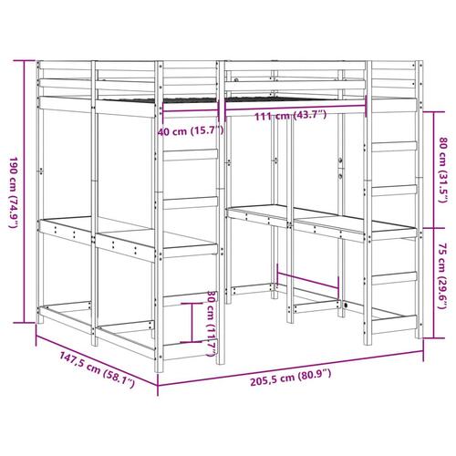 Højseng med skrivebord 140x200 cm massivt fyrretræ hvid