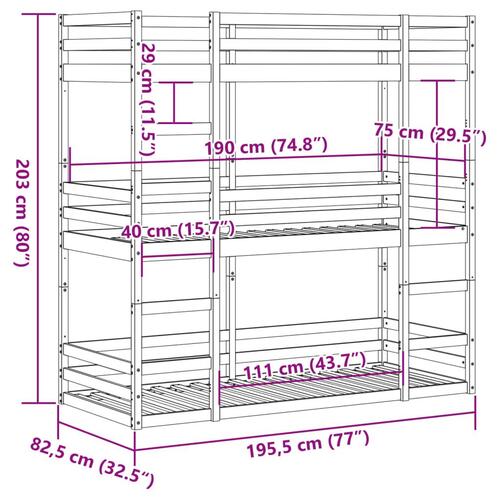 Tredobbelt køjeseng 75x190 cm massivt fyrretræ