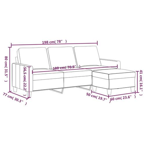 3-personers sofa med fodskammel 180 cm kunstlæder vinrød