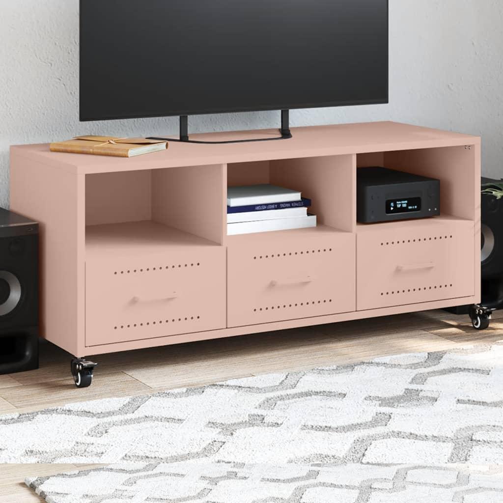 Tv-bord i stål med 3 skuffer og hjul - 100,5×39×43,5 cm, lyserød