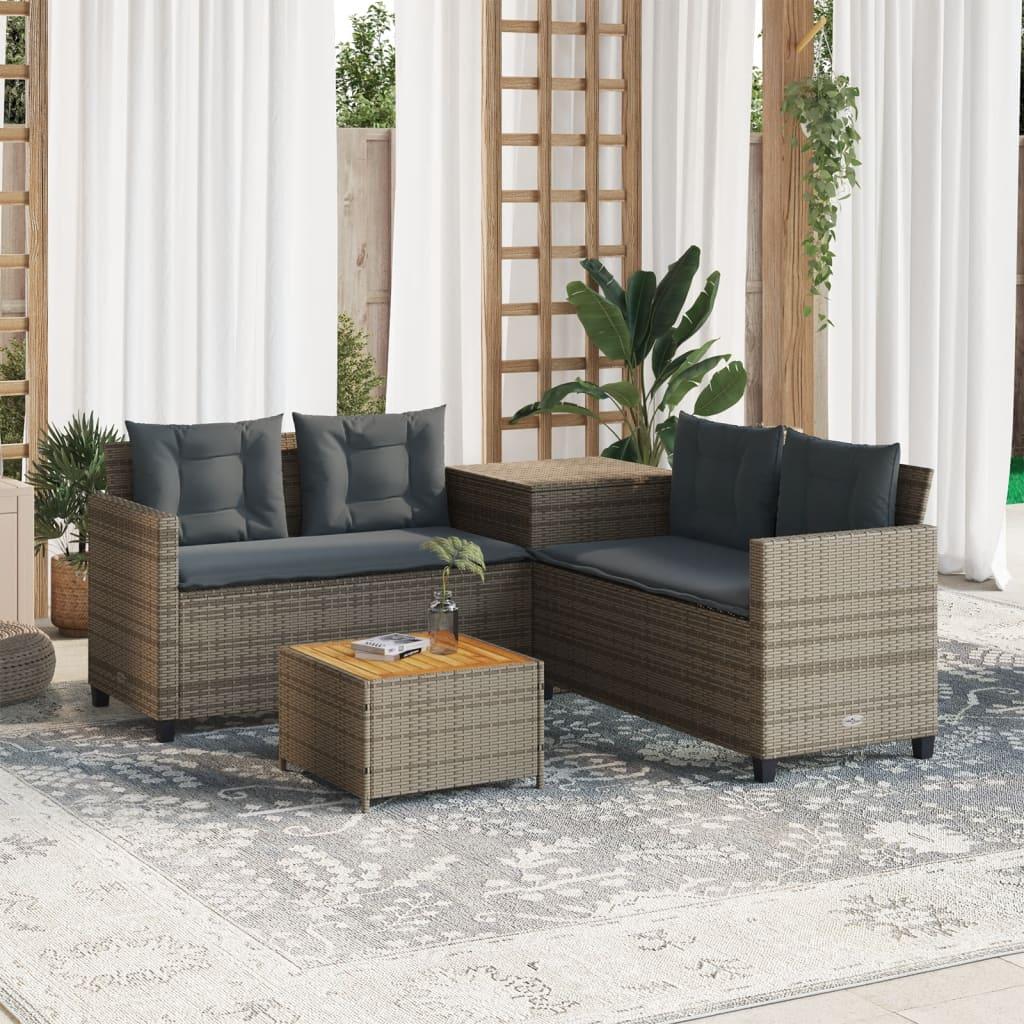 Havesofa Med Bord Og Hynder L-Formet Polyrattan - beige og cremefarvet / træ