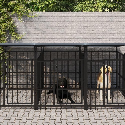 Udendørs hundegård med tag 5,63 m² - stål, sort