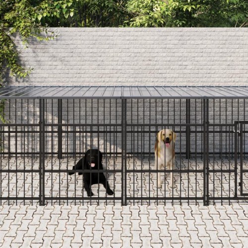 Udendørs hundegård med tag 13,14 m² - stål, sort