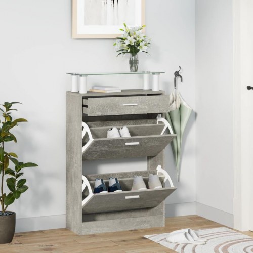 Skoskab med glashylde - 63×24×104 cm, konstrueret træ, betongrå