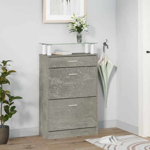 Skoskab med glashylde - 63×24×104 cm, konstrueret træ, betongrå