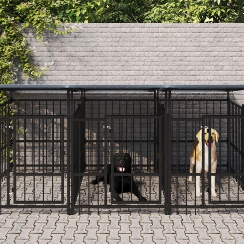Udendørs hundegård med tag 15,02 m² - stål, sort