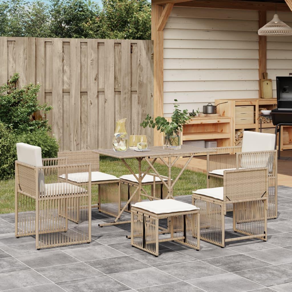 Spisebordssæt Til Haven 7 Dele Med Hynder Polyrattan Beige - beige og cremefarvet