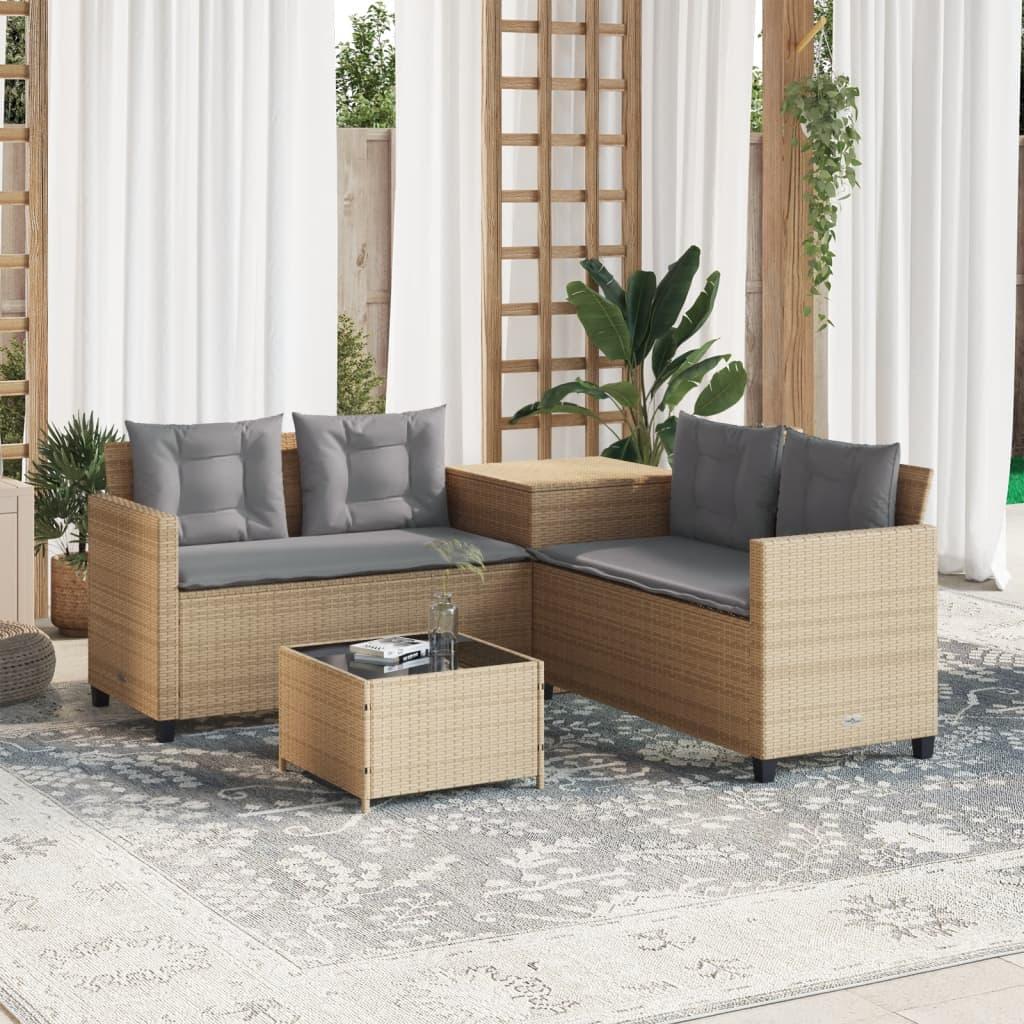 Havesofa Med Bord Og Hynder L-Formet Polyrattan - beige og grå / Glas
