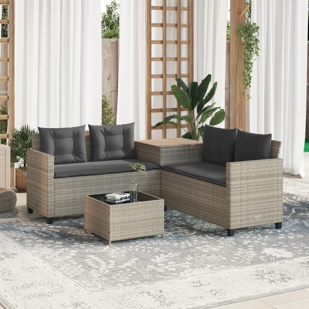 Havesofa Med Bord Og Hynder L-Formet Polyrattan - Lysegrå / Glas