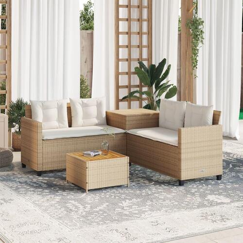Havesofa med bord og hynder L-formet polyrattan beige